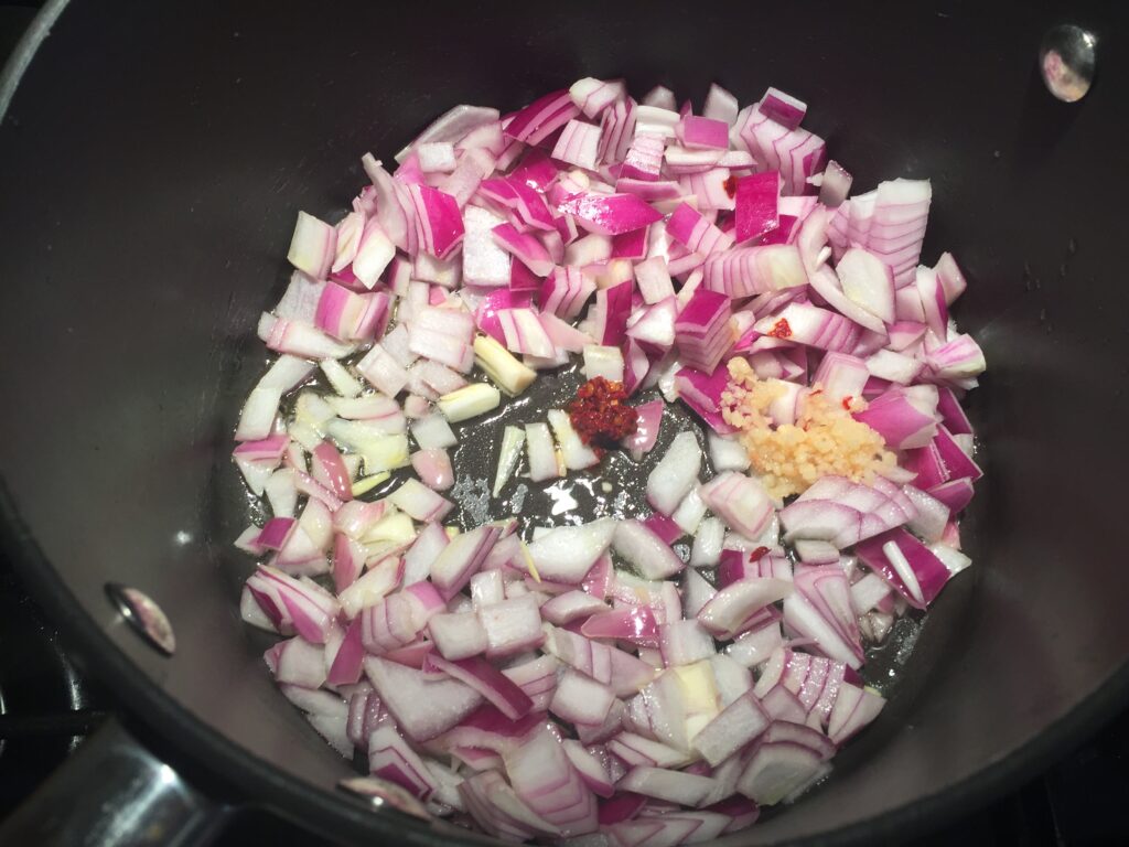 Fry the onion, garlic and chilli